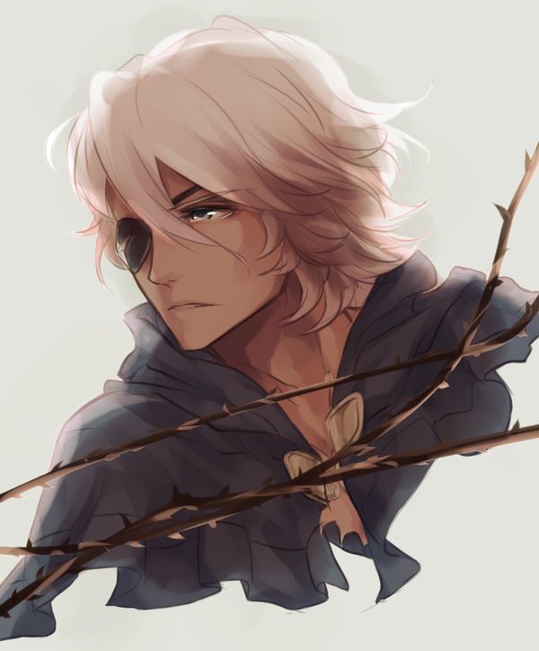 1boy, blue_eyes, dark_skin, eyepatch, fimyuan, fire_emblem, fire_emblem_if, grey_background, portrait, simple_background, solo, teeth, thorns, white_hair, zero_(fire_emblem_if)