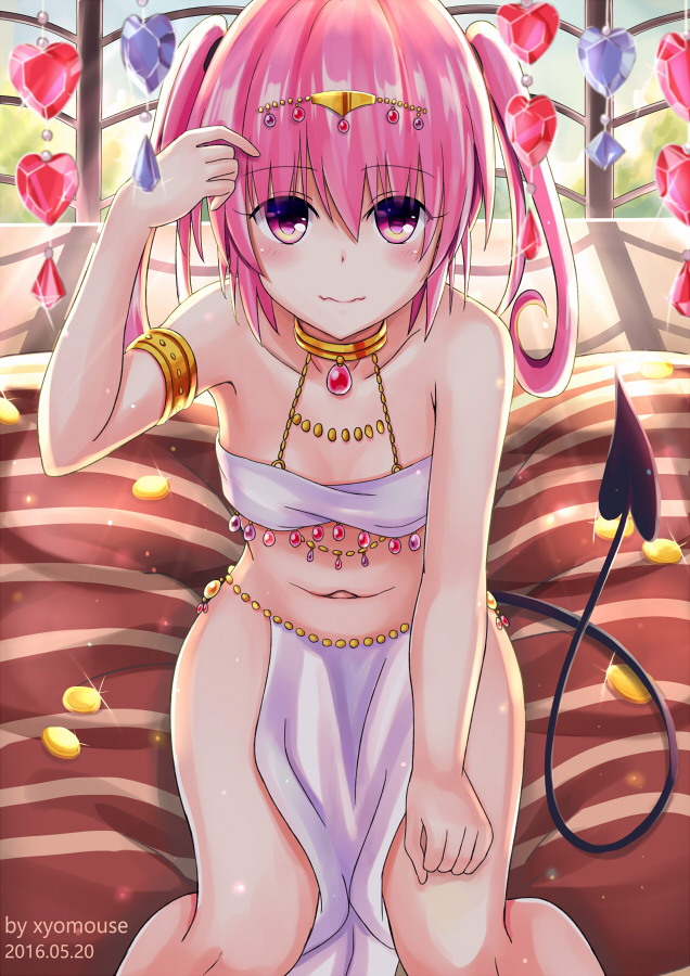 1girl, armlet, demon_tail, long_hair, midriff, nana_asta_deviluke, navel, pink_hair, short_hair, solo, tail, to_love-ru, to_love-ru_darkness, twintails, violet_eyes, xyomouse