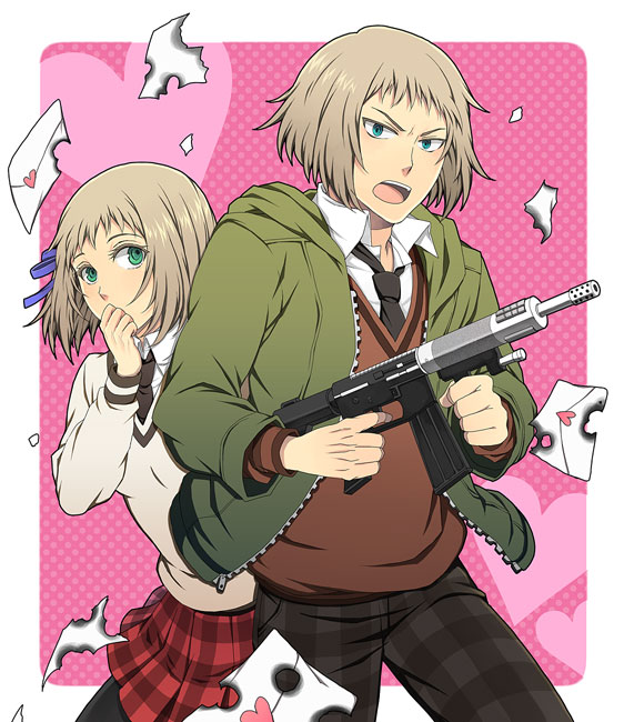 bad_id, blonde_hair, green_eyes, gun, hair_ribbon, heart, hoodie, letter