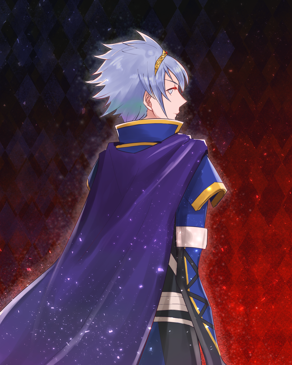 1boy, alternate_costume, aoi_itsuki, back, blue_eyes, blue_hair, cape, chlxms