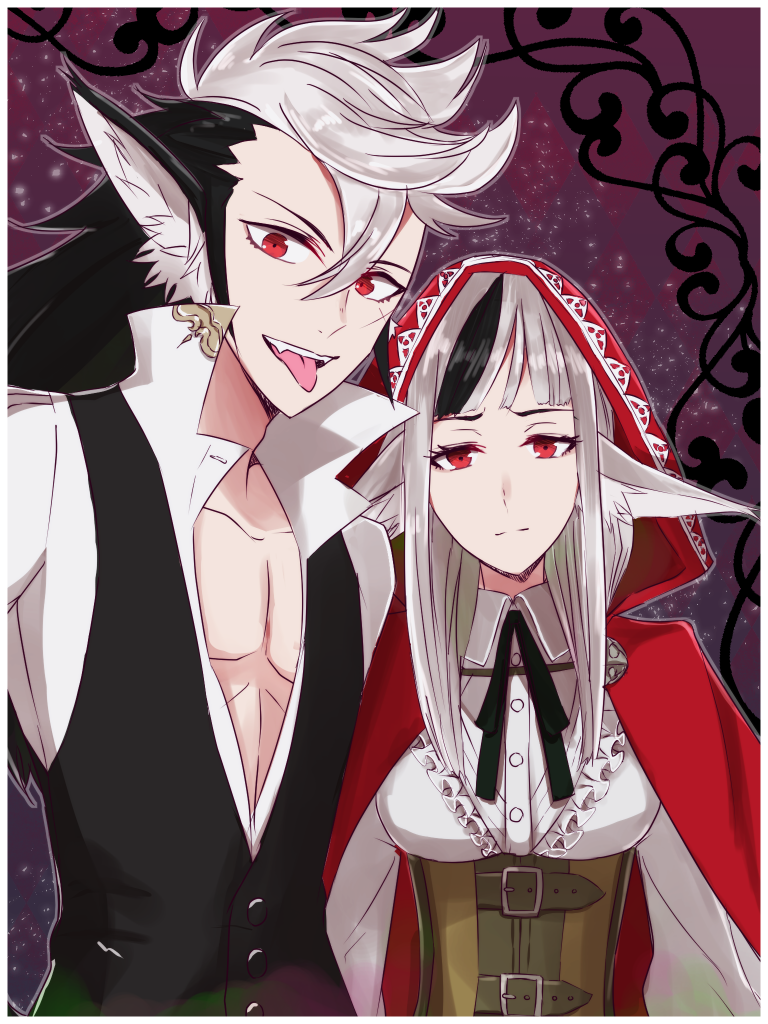 1boy, 1girl, animal_ears, bangs, black_hair, chlxms, father_and_daughter, fire_emblem, fire_emblem_if, flannel_(fire_emblem_if), grey_hair, hood, hoodie, long_hair, multicolored_hair, red_eyes, scar, sparkle, teeth, tongue, tongue_out, two-tone_hair, velour_(fire_emblem_if), white_hair, wolf_ears