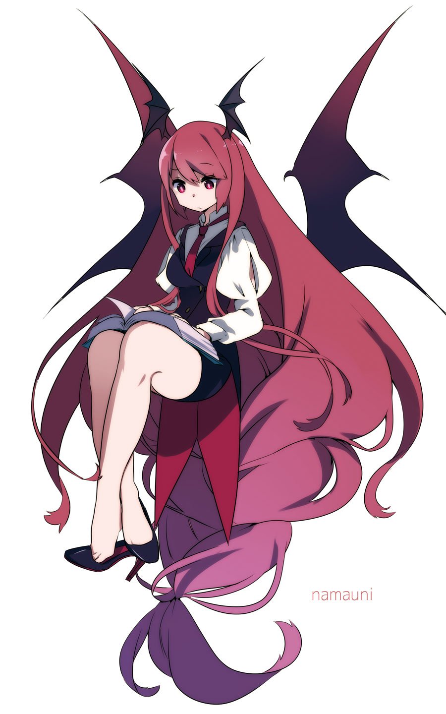 1girl, absurdly_long_hair, artist_name, bat_wings, book, full_body, head_wings, high_heels