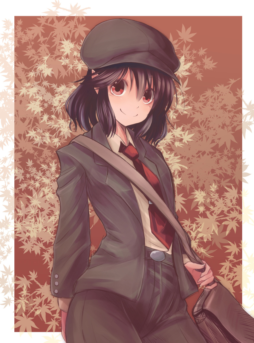 1girl, bag, belt, black_hair, brown_background, collared_shirt, cowboy_shot, highres