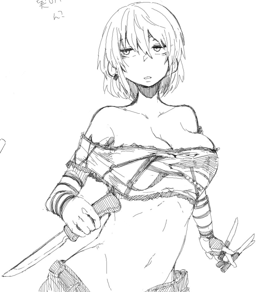 bangs, breasts, commentary_request, crop_top, dagger, denim, hikage_(senran_kagura), holding