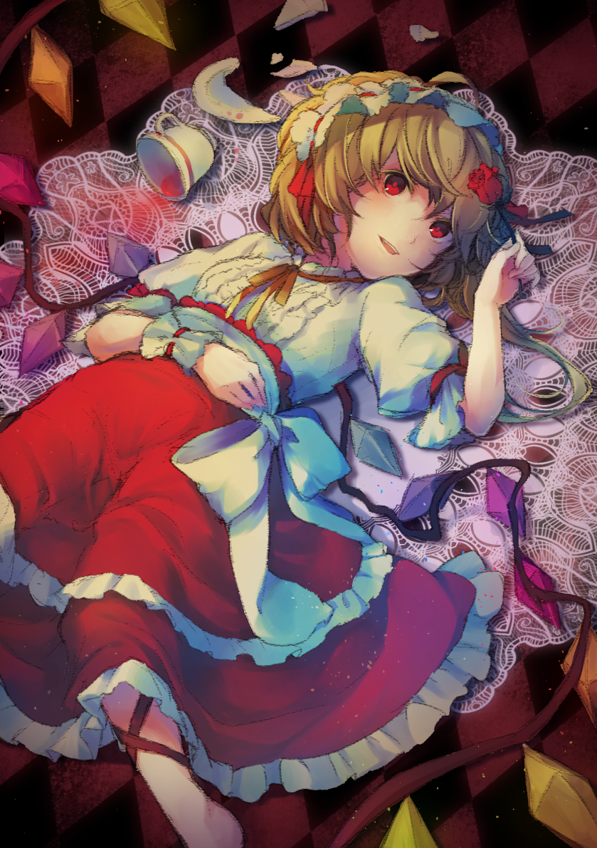 1girl, adapted_object, blonde_hair, commentary_request, cup, flandre_scarlet, gensou_aporo, hairband