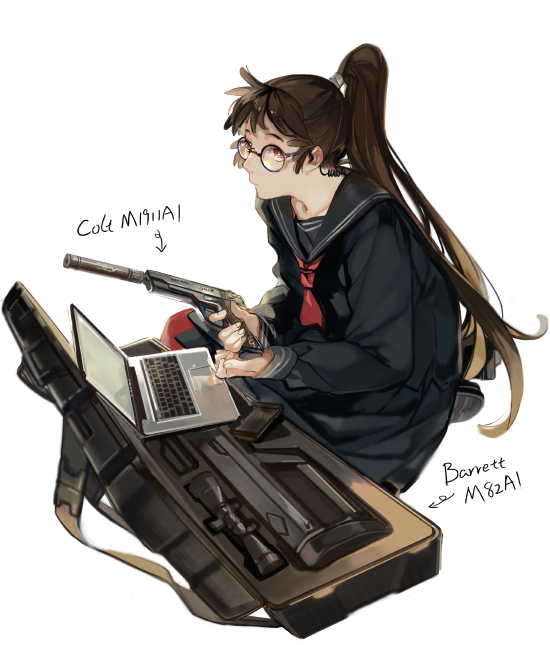 1boy, alternate_costume, anti-materiel_rifle, bangs, bespectacled, black-framed_glasses, black_hair, black_serafuku