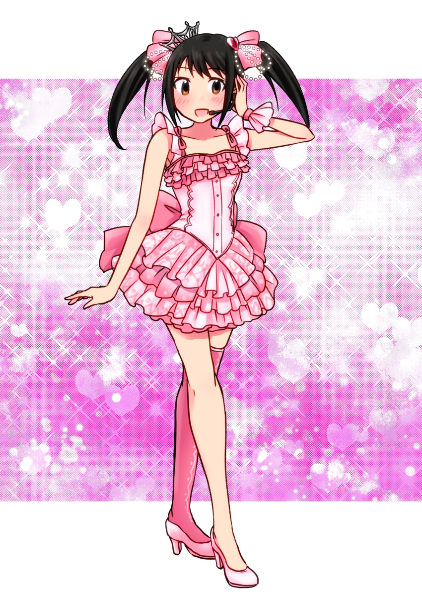 1girl, black_hair, blush, brown_eyes, headset, high_heels, highres, idolmaster, idolmaster_cinderella_girls, long_hair, nakano_yuka, open_mouth, shinkai_kiiro, smile, solo, twintails