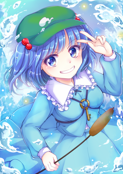 1girl, blue_eyes, blue_hair, blush, grin, hair_bobbles, hair_ornament, hat