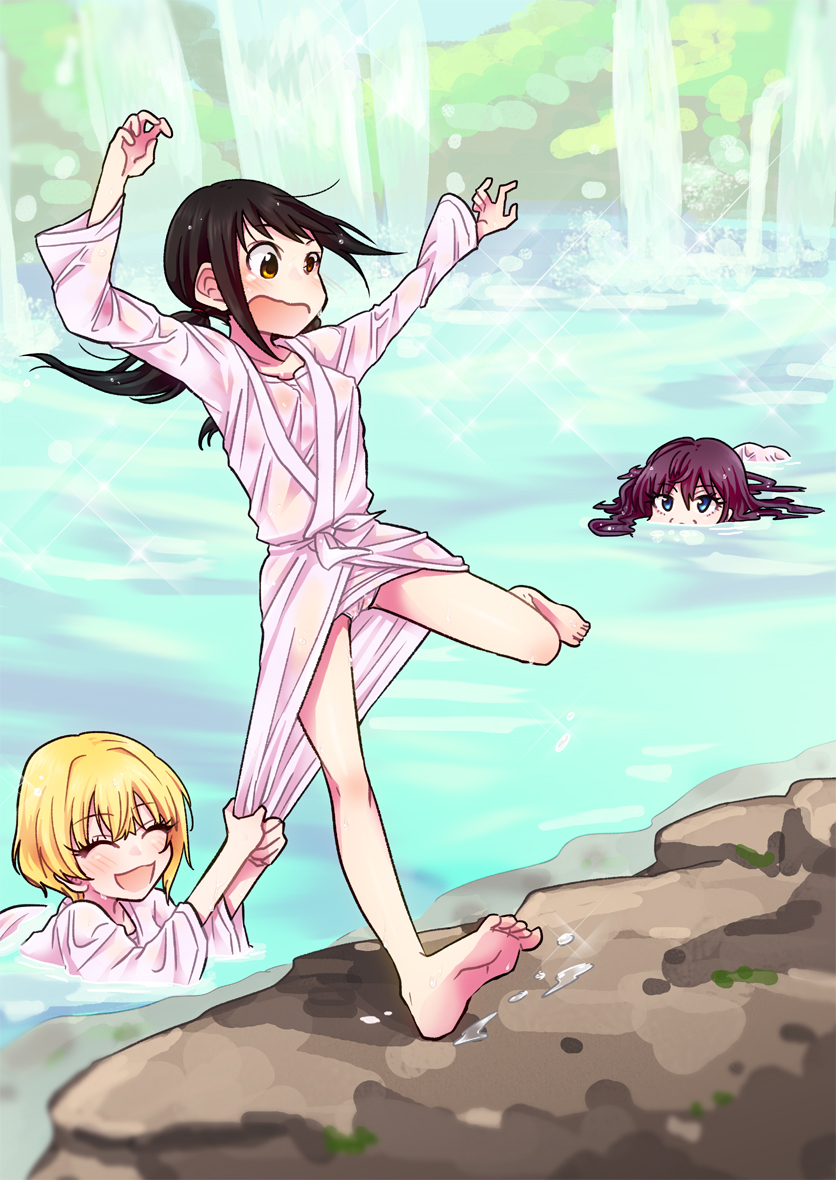 3girls, barefoot, bathrobe, black_hair, blonde_hair, blue_eyes, blush, brown_eyes, brown_hair, clothes_pull, ichinose_shiki, idolmaster, idolmaster_cinderella_girls, idolmaster_cinderella_girls_starlight_stage, long_hair, miyamoto_frederica, multiple_girls, nakano_yuka, open_mouth, shinkai_kiiro, short_hair, smile, twintails