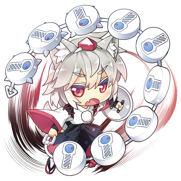 1girl, animal_ears, chain_mine, fang, hat, inubashiri_momiji, open_mouth, red_eyes