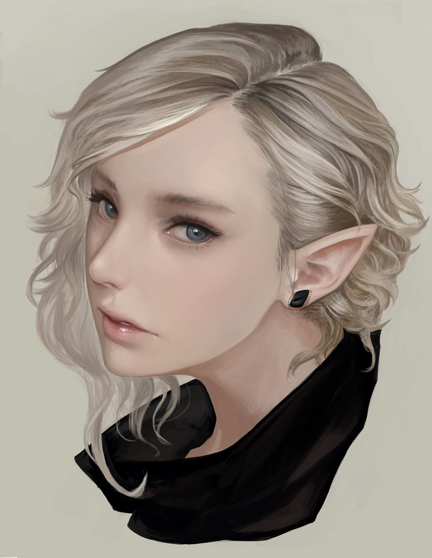 1girl, blonde_hair, blue_eyes, earrings, elf, frostce, highres, jewelry