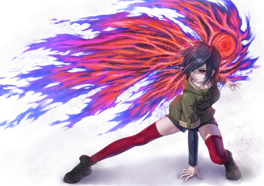 1girl, black_hair, black_shorts, collarbone, ju_go_(toamariitutu), kirishima_touka, red_eyes, red_legwear