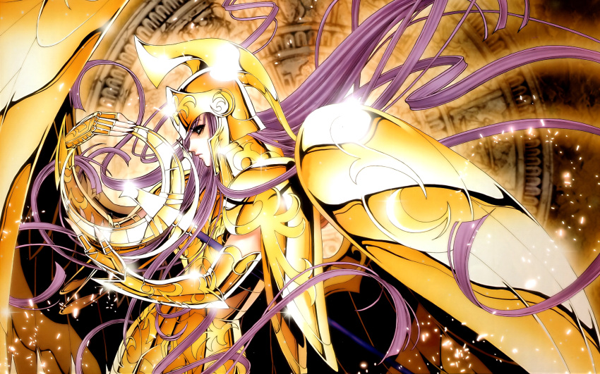 1girl, armor, athena_(saint_seiya), floating_hair, gauntlets, gold_cloth, highres, holding