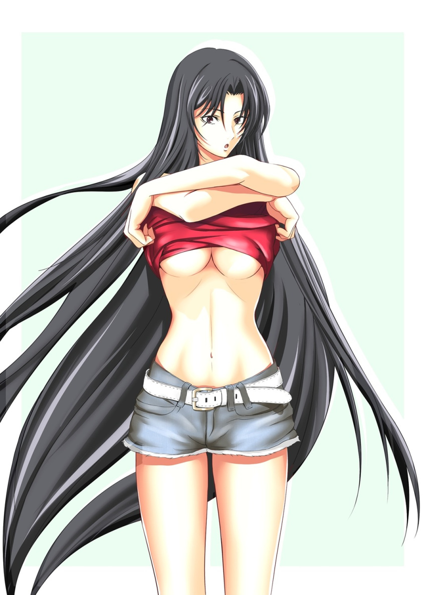 1girl, belt, black_eyes, black_hair, breasts, highres, long_hair, marishiten