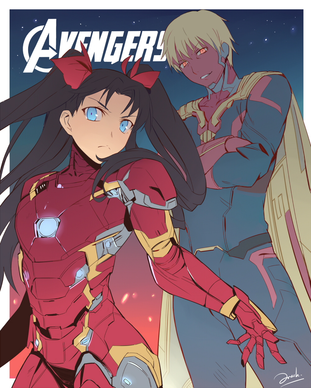 1boy, 1girl, armor, avengers, avengers:_age_of_ultron, bianyuanqishi, blue_eyes, cosplay