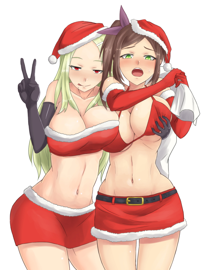 2girls, :p, acchan, alternate_costume, bare_shoulders, belt, bikini_top, blush, bra, breast_grab, breast_press, breasts, cleavage, collarbone, contrapposto, cowboy_shot, elbow_gloves, fur_trim, gloves, grabbing, groin, hair_ornament, hair_ribbon, hairclip, hat, large_breasts, long_hair, looking_at_viewer, mole, mole_under_mouth, multiple_girls, murakumo_(senran_kagura), navel, nose_blush, open_mouth, purple_ribbon, red_bra, red_skirt, ribbon, sack, santa_costume, santa_hat, senran_kagura, senran_kagura_(series), senran_kagura_shinovi_versus, shiki_(senran_kagura), skirt, smile, sweat, symmetrical_docking, tongue, tongue_out, unaligned_breasts, under_boob, underwear, v, white_background