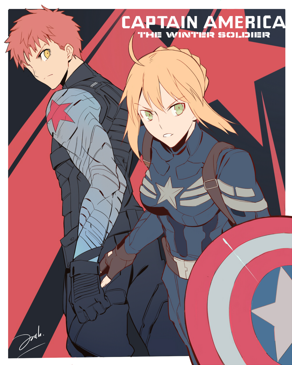 1boy, 1girl, ahoge, bianyuanqishi, blonde_hair, braid, captain_america, captain_america_(cosplay)