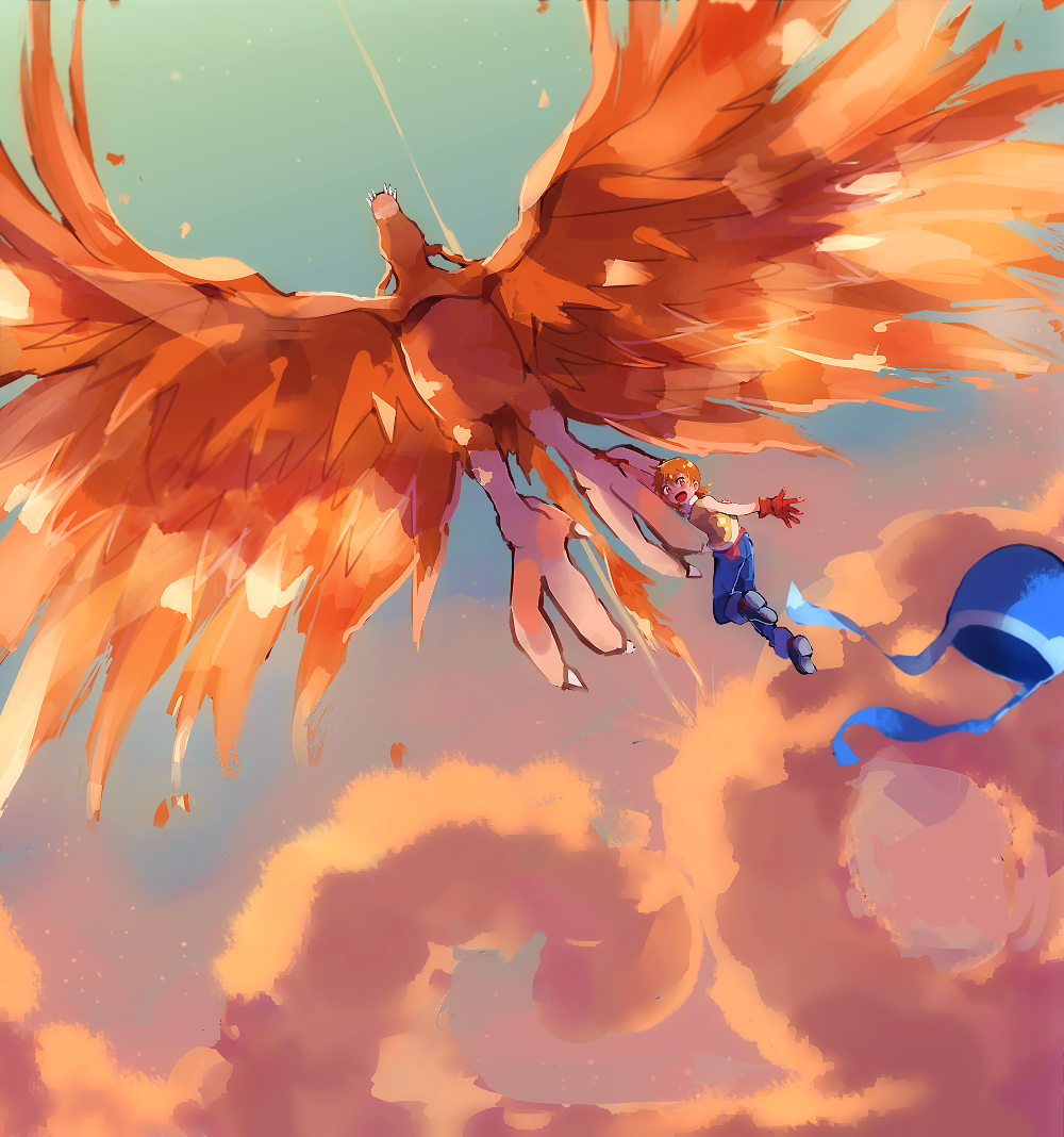 1girl, bird, birdramon, clouds, cloudy_sky, commentary, digimon, digimon_adventure