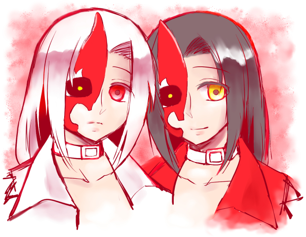 2girls, akatana, black_hair, choker, hanasaki_(1470267), katana_(character), multiple_girls, namco_x_capcom