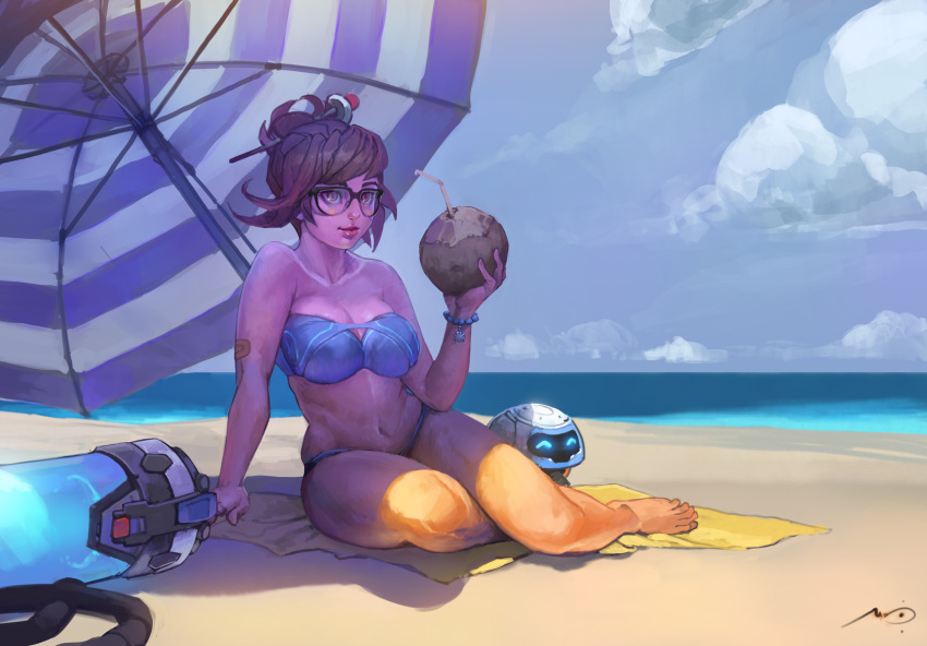 1girl, beach, beach_towel, bikini, brown_hair, coconut, drinking_straw, glasses