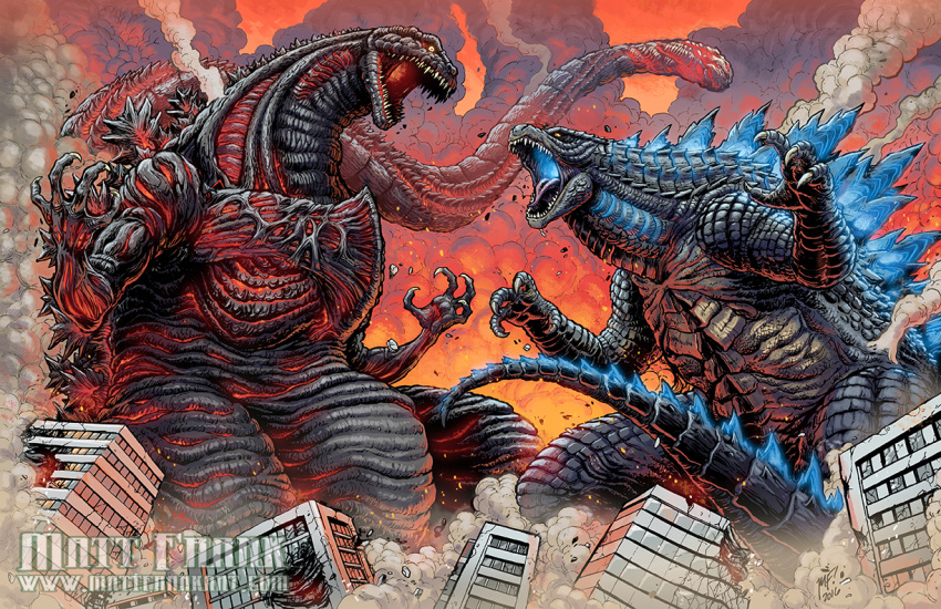armor, battle, bioluminescence, city, daikaijuu, debris, destruction, dinosaur