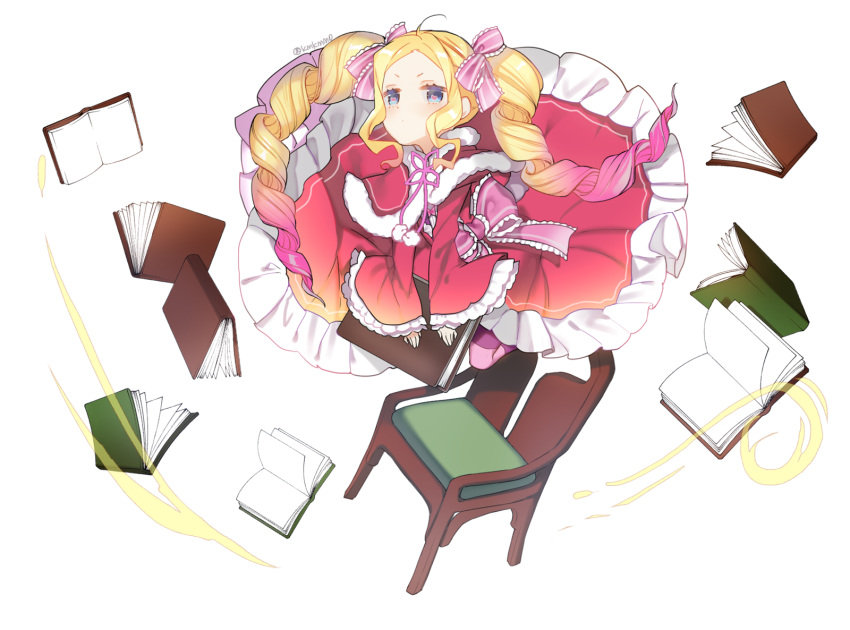 1girl, beatrice_(re:zero), blonde_hair, blue_eyes, blush, book, bow, capelet