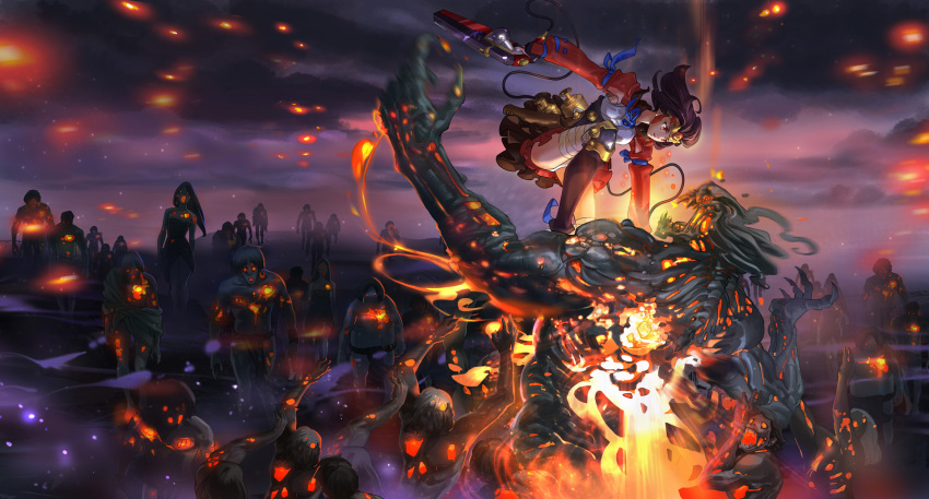 arms_up, bandaged_leg, boots, brown_hair, claws, clouds, dark_sky, embers