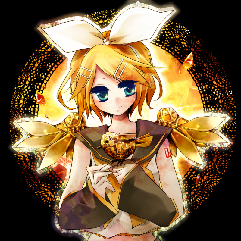 bad_id, blonde_hair, detached_sleeves, hair_ornament, hair_ribbon, hairclip, kagamine_rin, kano_(pixiv271651)