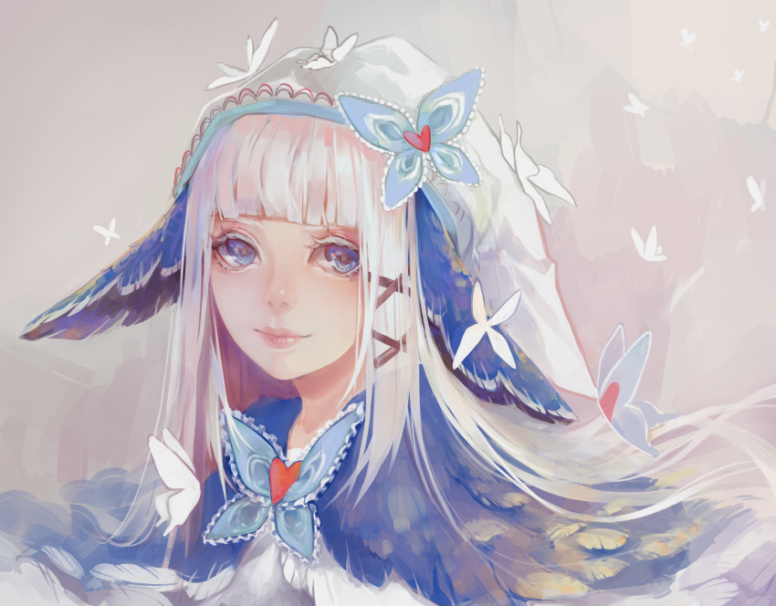 1girl, bangs, blue_eyes, blunt_bangs, butterfly, butterfly_hair_ornament, eyebrows, fuwa_(fuwaffy)