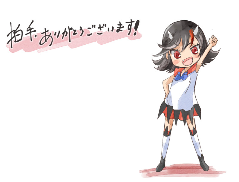 1girl, arm_up, bare_shoulders, black_hair, blush_stickers, dress, fang, hand_on_hip
