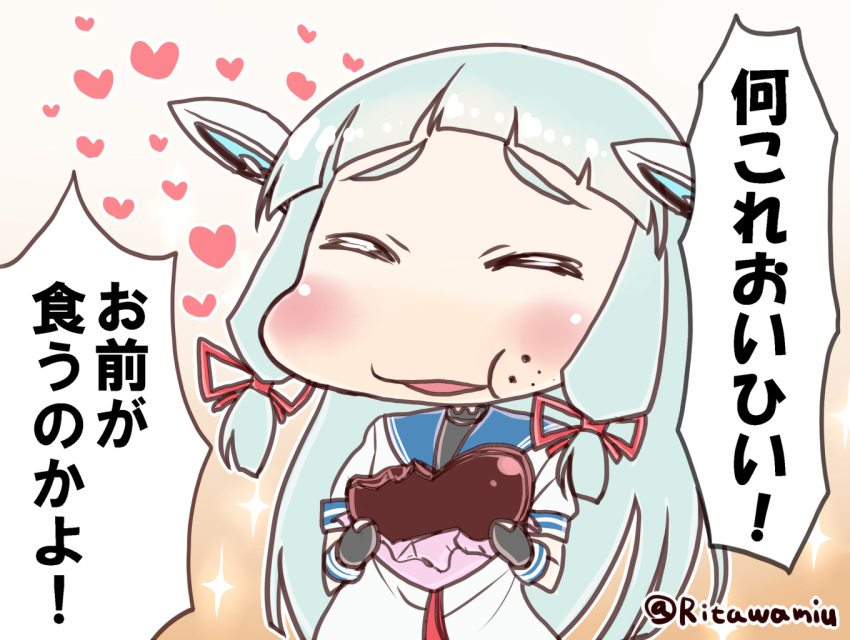 1girl, ^_^, black_gloves, chibi, chocolate, chocolate_heart, closed_eyes, dress