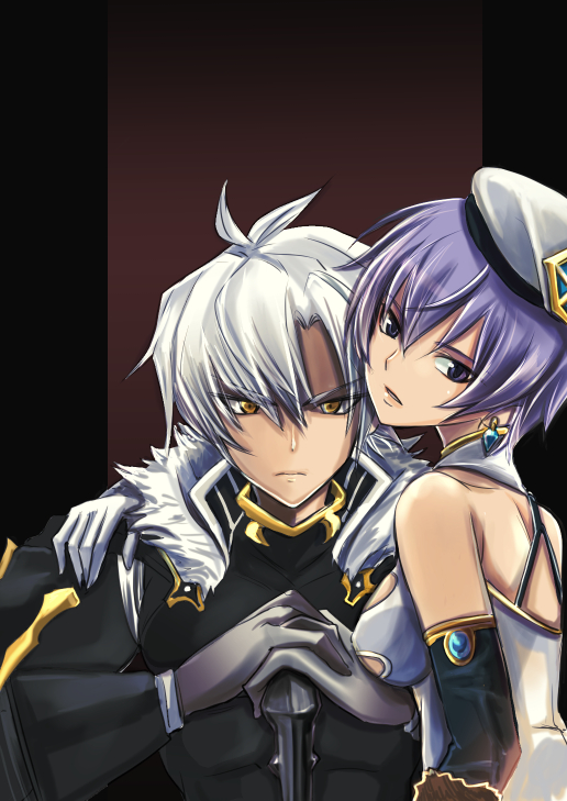 1boy, 1girl, arm_around_neck, beret, earrings, elbow_gloves, emperor_(sennen_sensou_aigis), fur_trim