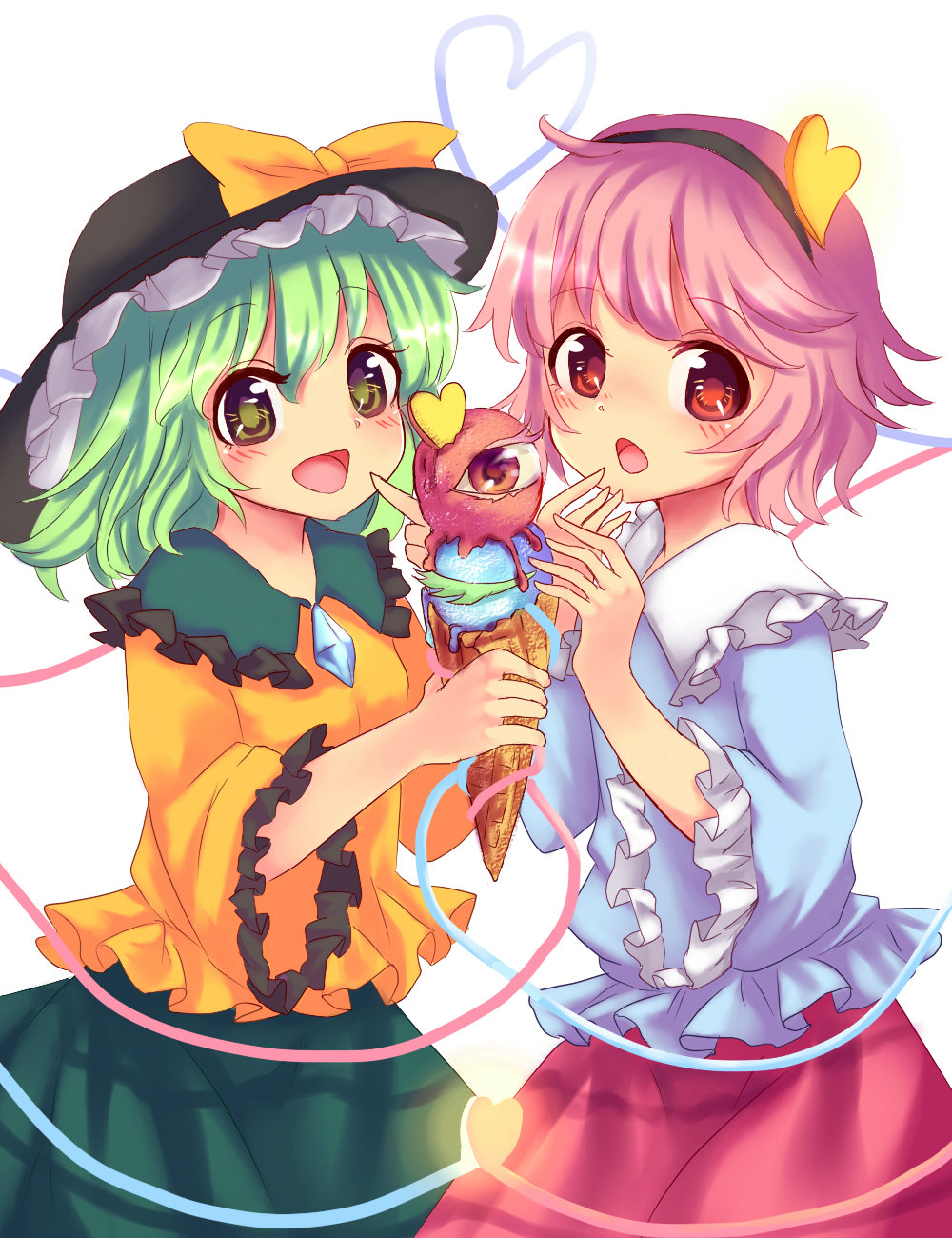 2girls, blush, eyeball, food, glowing, green_eyes, green_hair, hairband, hat, hat_ribbon, heart, heart_of_string, highres, ice_cream, komeiji_koishi, komeiji_satori, long_sleeves, looking_at_viewer, multiple_girls, open_mouth, pink_hair, red_eyes, ribbon, shirt, short_hair, siblings, simple_background, sisters, skirt, smile, string, third_eye, touhou, white_background, wide_sleeves, yanaki_(yngaailg)
