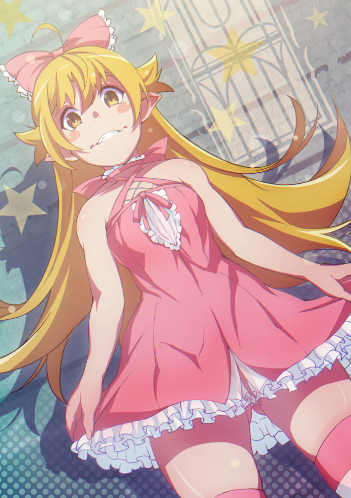 1girl, bakemonogatari, blonde_hair, blush_stickers, dress, from_below, gesugesu_ahoaho, long_hair