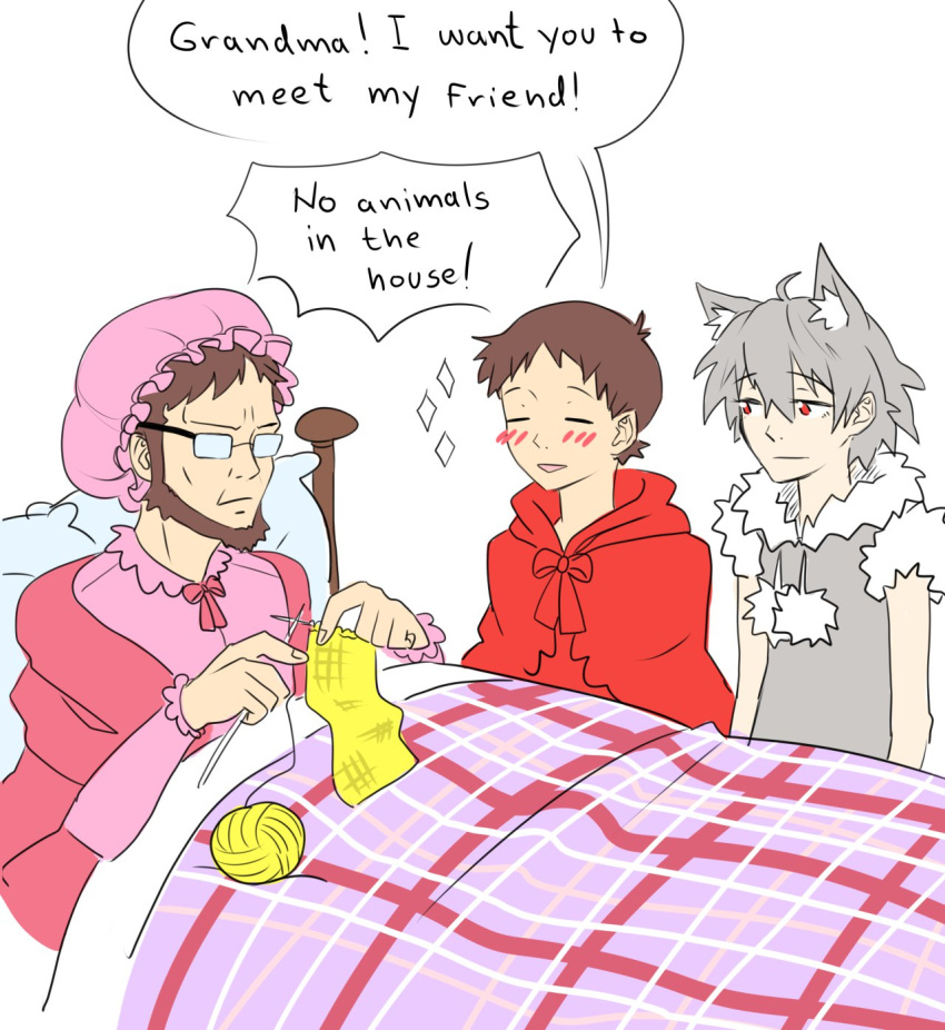 3boys, adult, animal_ears, big_bad_wolf, cape, cat_ears, cloak, father