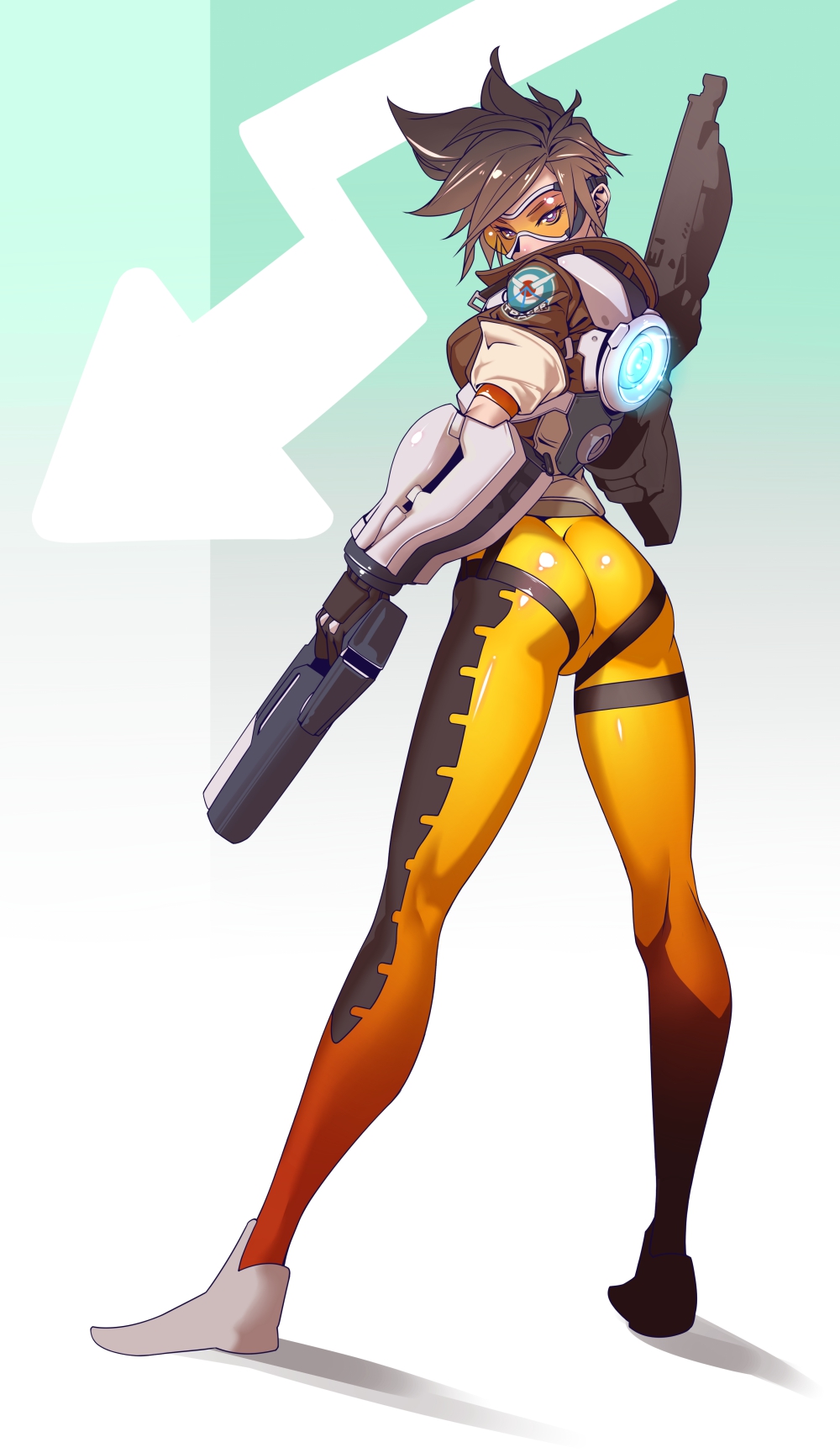 1girl, arrow, ass, brown_hair, gun, handgun, highres, looking_at_viewer