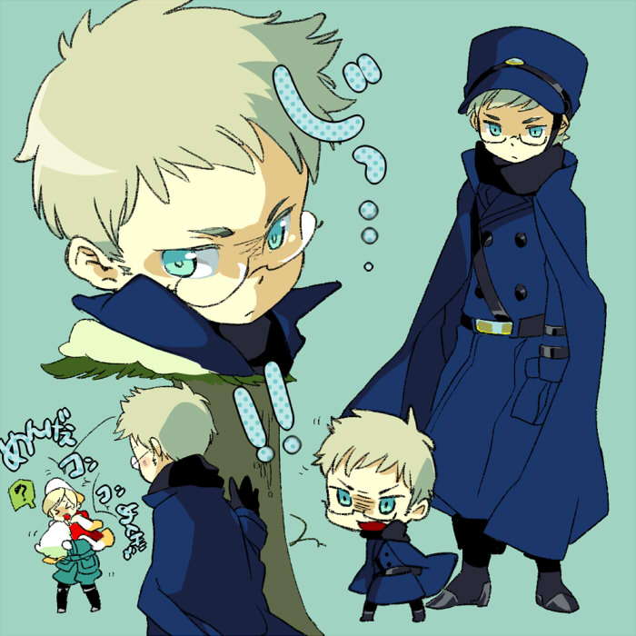 axis_powers_hetalia, blonde_hair, blue_eyes, cape, dog, finland_(hetalia), glasses, hana-tamago, hat, male, military, military_uniform, shako_cap, short_hair, sorabo, sweden_(hetalia), uniform