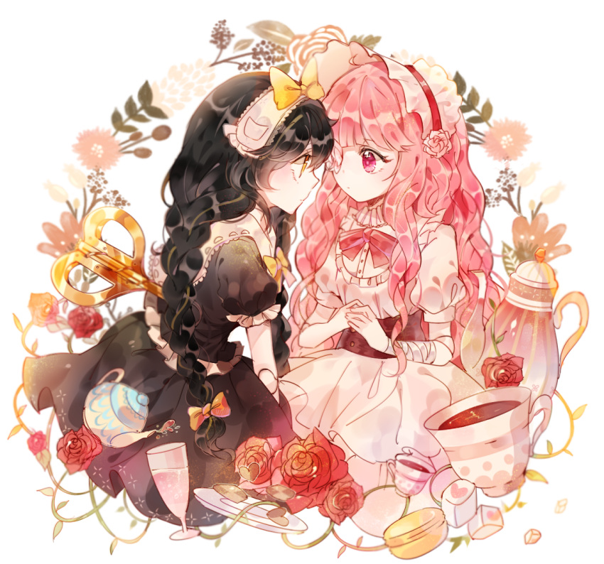 2girls, bandaged_arm, bangs, black_hair, bonnet, bow, bowtie, braid