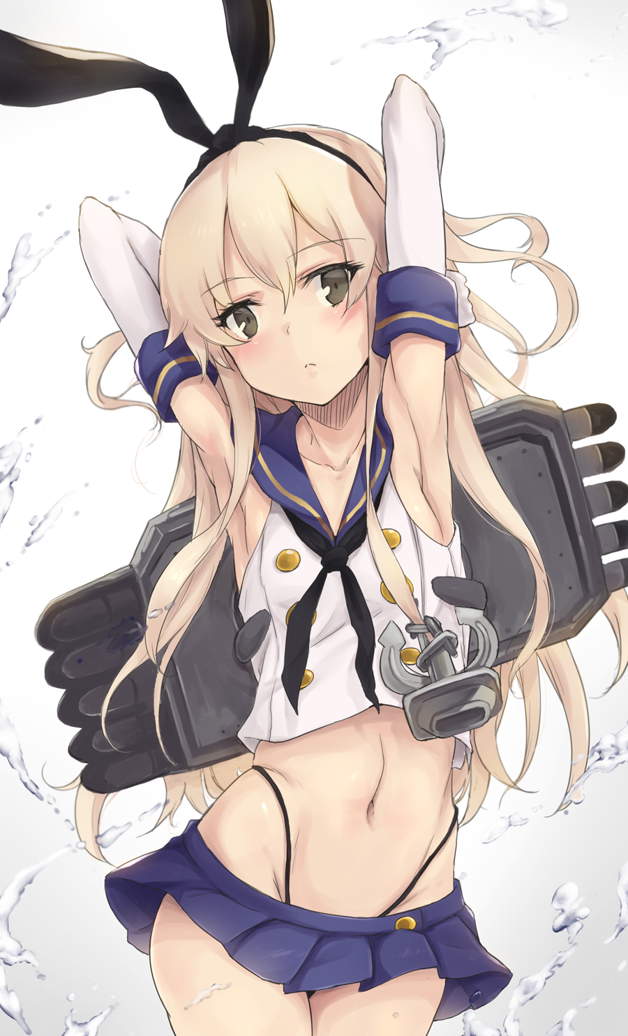 1girl, blonde_hair, crop_top, elbow_gloves, gloves, hairband, highres, kantai_collection