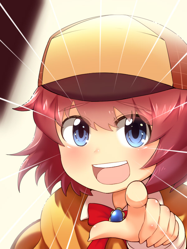 1girl, :d, anzai_miyako, bangs, baseball_cap, blue_eyes, blush, commentary_request