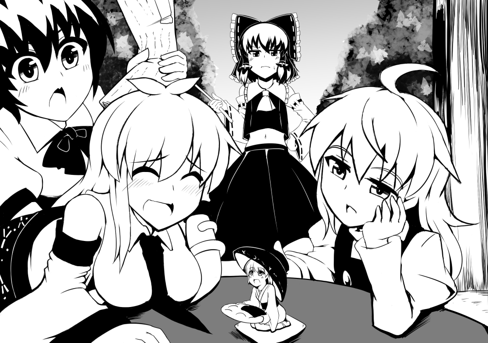 5girls, ahoge, ascot, bangs, black_ribbon, blush, bow, bowl