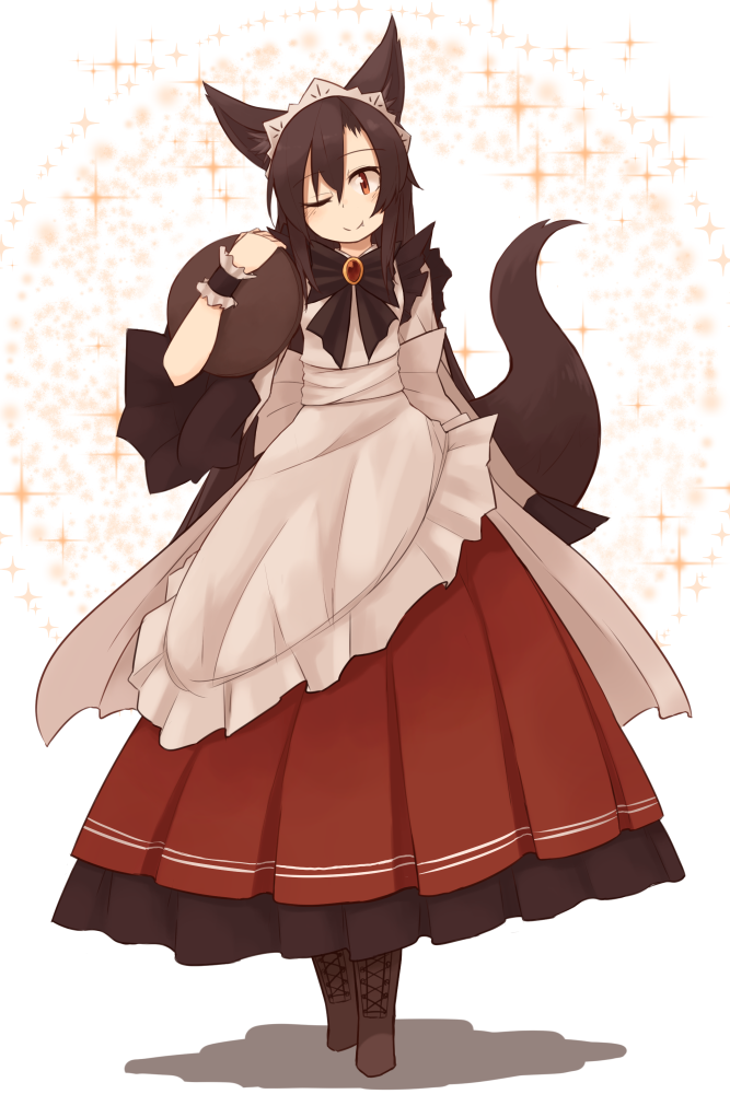 1girl, adapted_costume, alternate_costume, animal_ears, apron, blush, boots, brown_hair