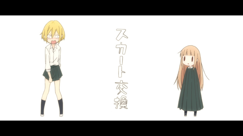 2girls, blonde_hair, blush, brown_hair, cosplay, costume_switch, echizen_(tanaka-kun_wa_itsumo_kedaruge), eyecatch, highres, miniskirt, miyano_(tanaka-kun_wa_itsumo_kedaruge), multiple_girls, oversized_clothes, school_uniform, screencap, skirt, slit_pupils, tanaka-kun_wa_itsumo_kedaruge, white_background, |_|