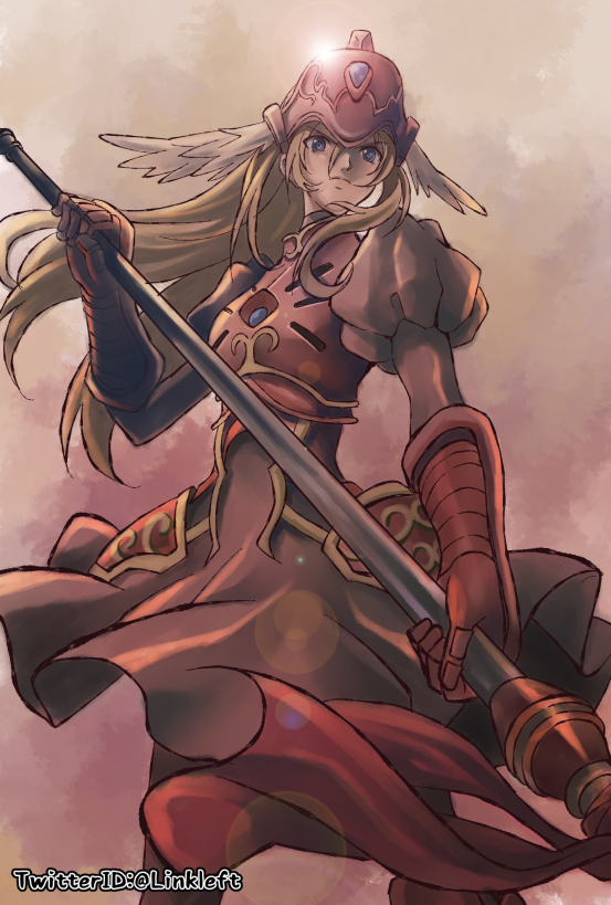 1girl, armor, armored_dress, blue_eyes, brown_hair, dress, elmina_niet, feathers