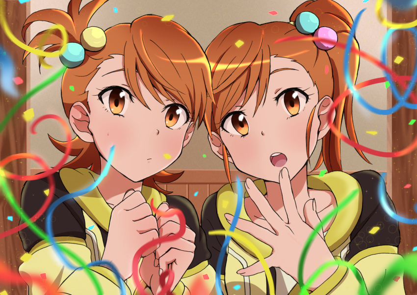 2girls, blurry, blush, closed_eyes, collarbone, confetti, depth_of_field, fingernails