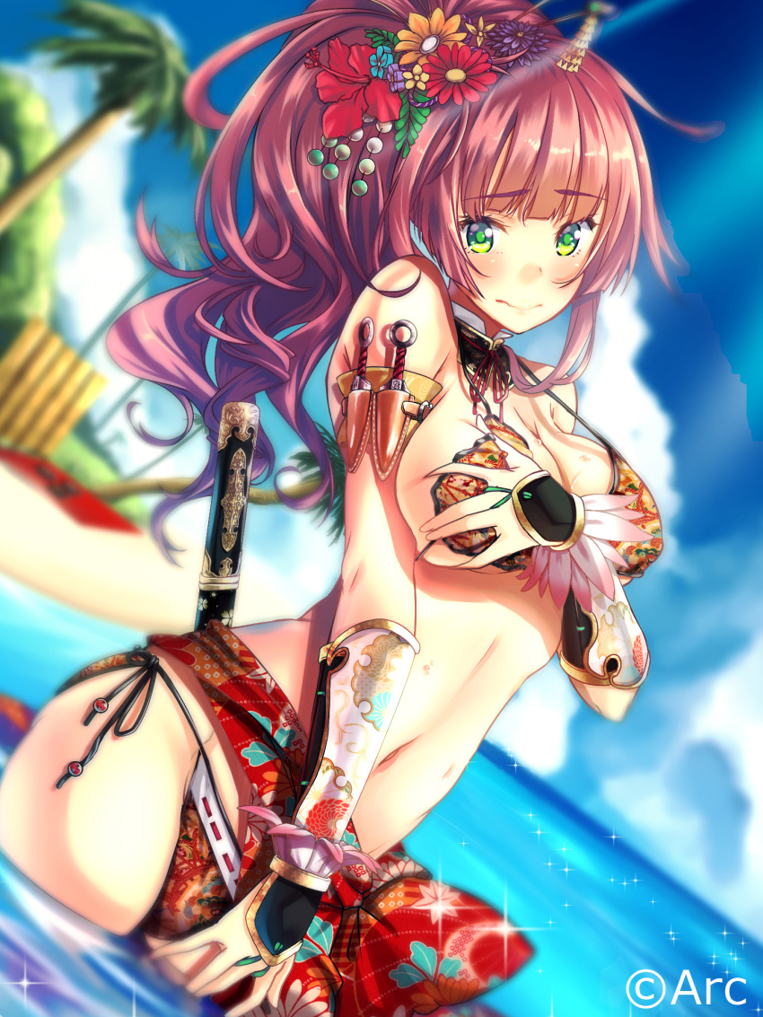 1girl, beniimo_danshaku, bikini, blush, breast_grab, breasts, cleavage, closed_mouth