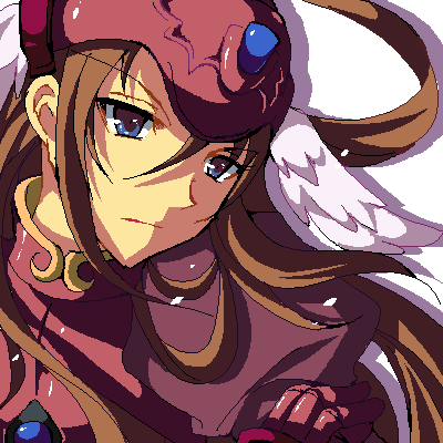 1girl, armor, blue_eyes, brown_hair, elmina_niet, enoo, feathers, gloves