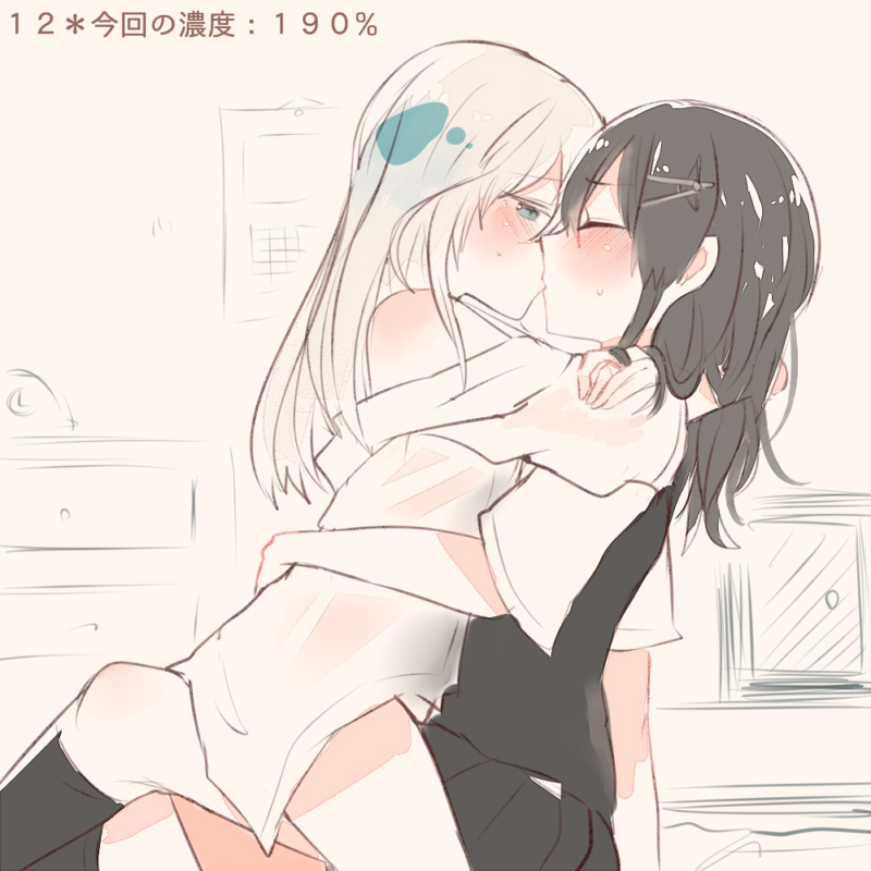 2girls, blush, closed_eyes, commentary_request, hair_ornament, hairclip, itomugi-kun, kantai_collection, kiss, long_hair, monochrome, multiple_girls, oyashio_(kantai_collection), shirt, short_sleeves, u-511_(kantai_collection), yuri