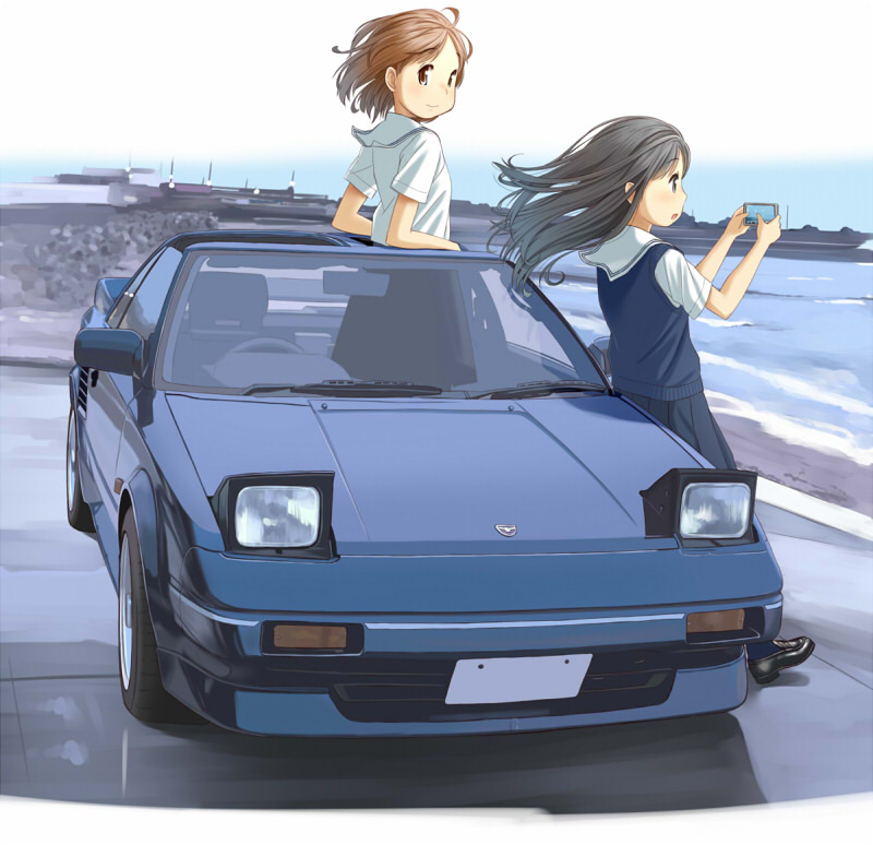 2girls, arm_support, beach, black_hair, blurry, brown_hair, car, cellphone, depth_of_field, harbor, leaning_back, long_hair, looking_at_viewer, looking_back, motor_vehicle, mr2, multiple_girls, ocean, original, phone, retsu_maru, rock, sailor_collar, school_uniform, short_hair, smartphone, smile, toyota, uniform_vest, vehicle, vest, water, wind