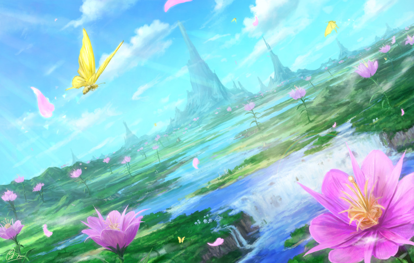 building, butterfly, clouds, dutch_angle, fantasy, field, flower, highres